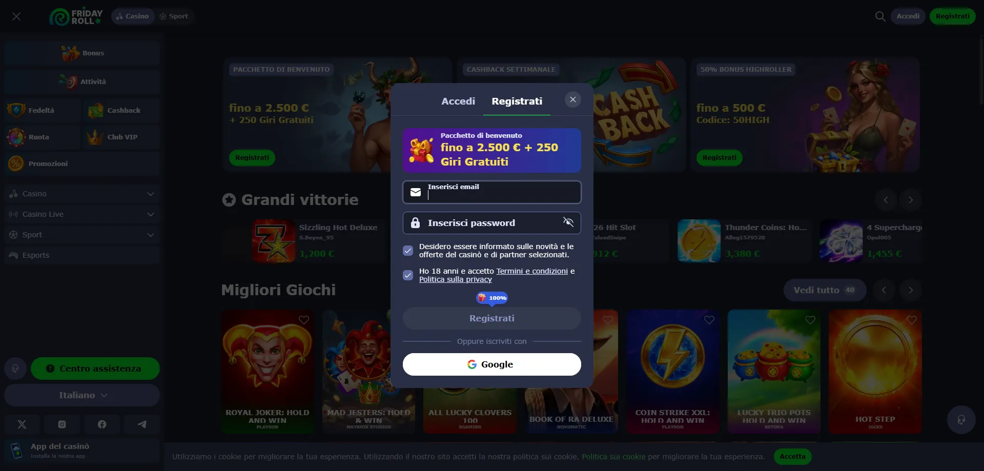 FridayRoll Casino registrazione account nuovo utente Italia