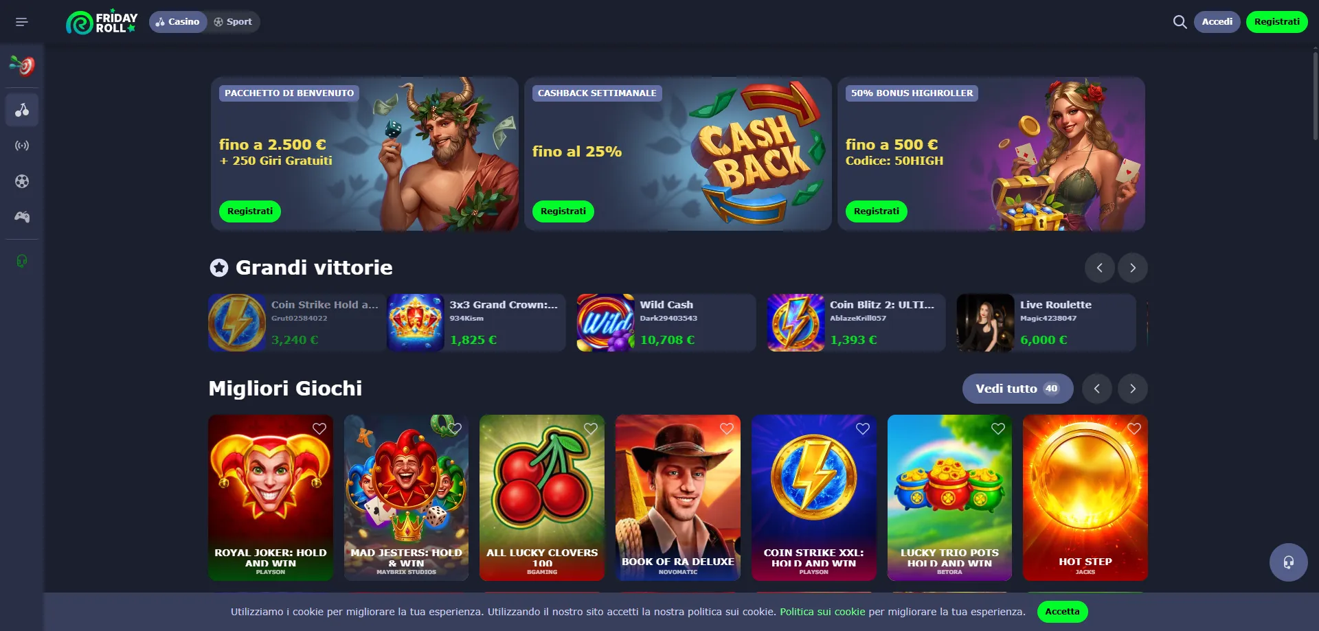 FridayRoll Casino sito ufficiale interfaccia navigazione intuitiva