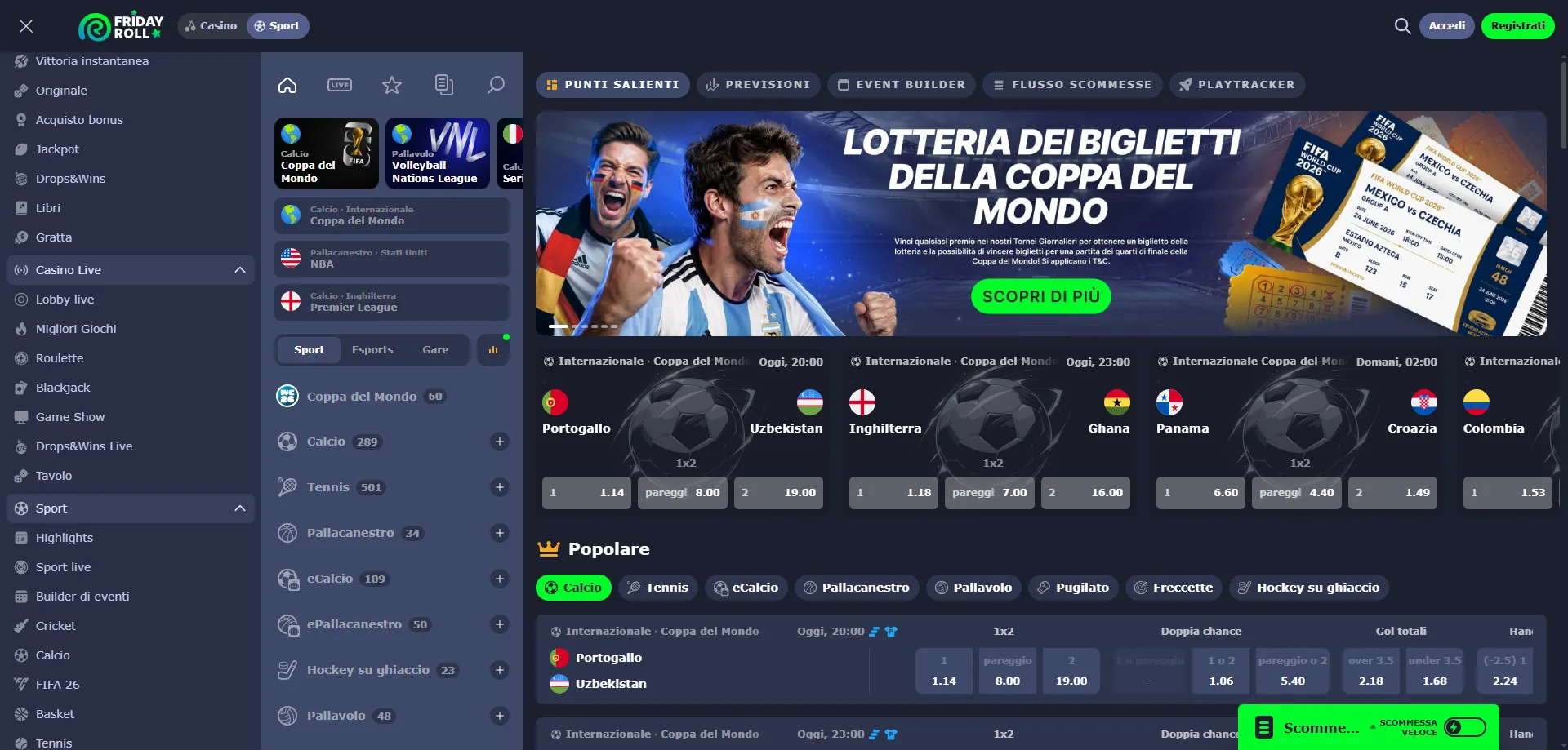 FridayRoll Casino metodi di pagamento deposito e prelievo veloci